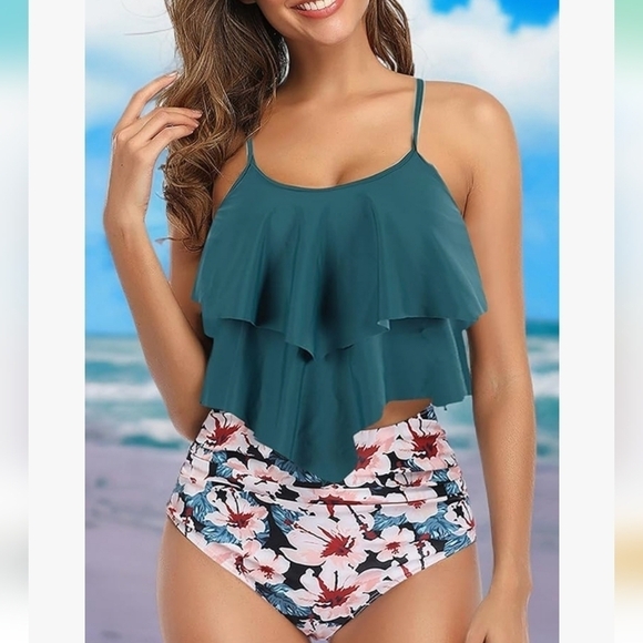 Womens Tankini Swimsuit Ruffled Top with High Waisted Bottoms•Large - Picture 2 of 10